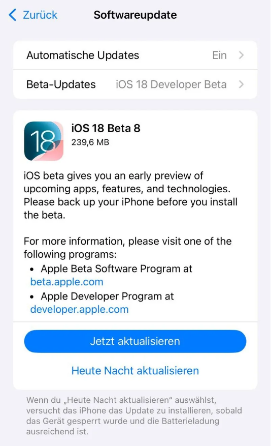 青阳苹果手机维修分享苹果 iOS / iPadOS 18 开发者预览版 Beta 8 发布 